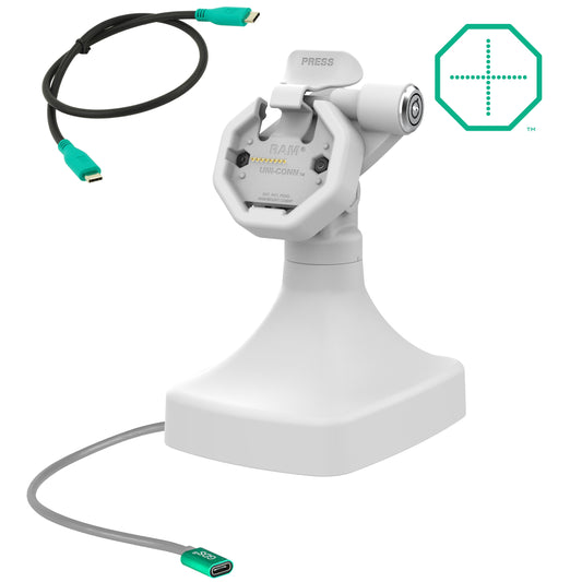 RAM Mounts GDS key-locking tilt and swivel dock with USB-C for IntelliSkin Thin-Case tablets with rear pogo pads in grey – main product photo