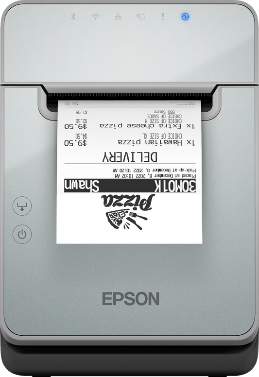 Epson TM-L100 liner-free label and receipt printer, black, USB + Ethernet, UK plug (C31CJ52111A0) – front view with printed label
