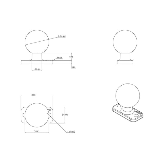 RAM Mounts C-size ball base with 25.4 × 50.8 mm rectangular plate RAM-202U-12 – alternative view