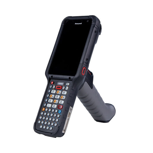 Honeywell CK67 ultra-rugged Android mobile computer, 51-key alphanumeric keypad, FlexRange extended range 2D imager, Wi-Fi only (CK67-X0N-5ES1A0G) – angled view with scan handle