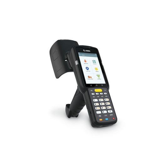Zebra MC3390xR rugged keypad mobile computer, integrated UHF RFID reader, pistol grip, 29-key numeric keypad (MC339U-GE2EG4EU) – side view with RFID antenna