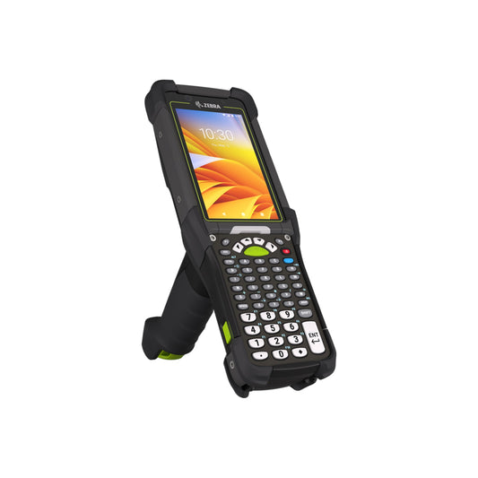 Zebra MC9450 rugged 5G keypad mobile computer, pistol grip, 53-key standard alphanumeric keypad (MC945B-3G1M6DSB-A6) – angled front view