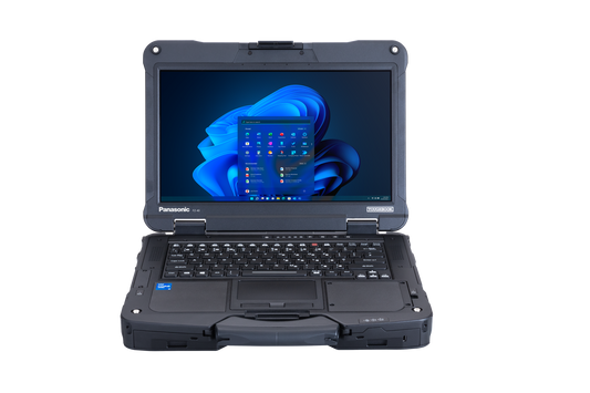 Panasonic TOUGHBOOK 40 mk2 rugged 14-inch laptop (German QWERTZ, 5G), open front view with Full HD touchscreen