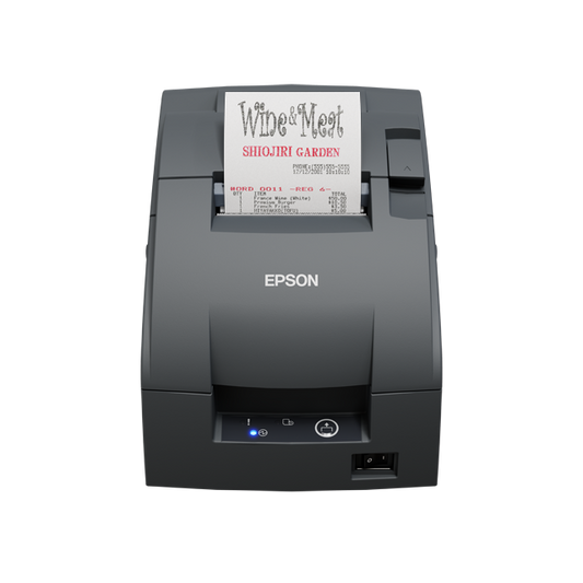 Epson TM-U220IID compact impact dot matrix POS receipt printer, dark grey, serial (C31CL28102) – front view with receipt