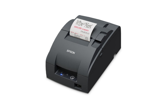 Epson TM-U220IIB impact dot matrix POS receipt printer with autocutter, dark grey (Epson Dark Grey), Ethernet (C31CL27142) – left 3/4 view with receipt