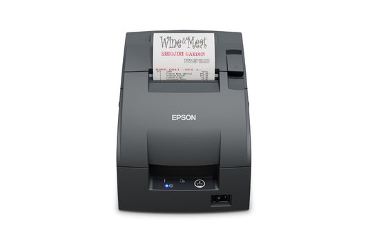 Epson TM-U220IIB impact dot matrix POS receipt printer with autocutter, dark grey (Epson Dark Grey), serial (C31CL27102F0) – front view printing a receipt