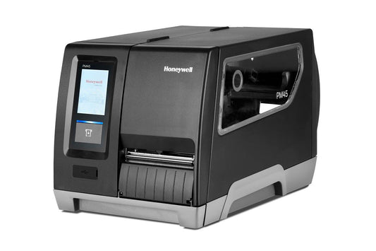 Honeywell PM45 industrial label printer, full touch display, tear bar, 203 dpi, thermal transfer (PM45A12000000200) – angled front view
