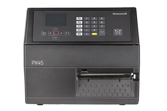 Honeywell PX45 industrial label printer, LCD display with keypad, tear bar, 406 dpi, thermal transfer (PX45A00000000400) – front view