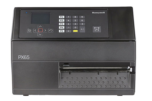 Honeywell PX65 industrial label printer, LCD display with keypad, tear bar, Wi-Fi, 203 dpi, thermal transfer (PX65A02000000200) – front view
