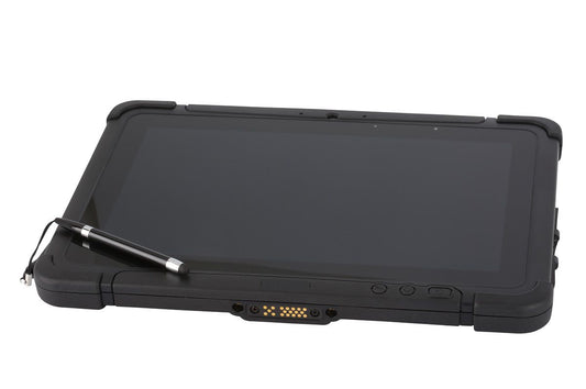 Honeywell RT10A 10.1" rugged Android tablet with N6703 standard-range imager, 4G LTE, outdoor display (RT10A-L1N-17C12S1E) – angled view with stylus