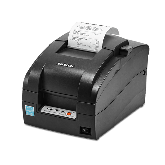Bixolon SRP-275III dot matrix (impact) receipt printer, auto-cutter, USB + serial + Ethernet, dark grey (SRP-275IIIAOESG/BEG) – 3/4 view printing a receipt