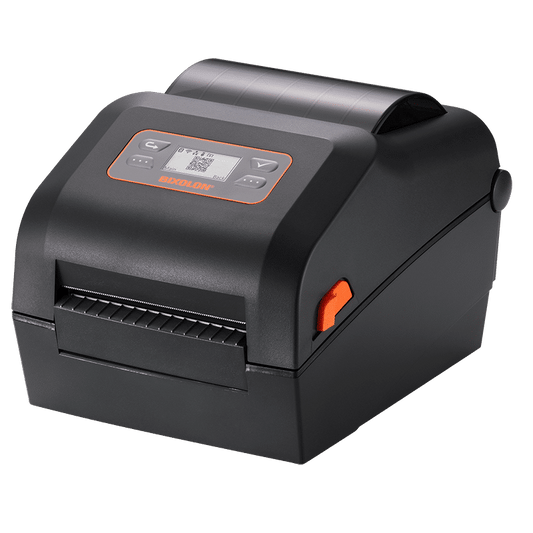 BIXOLON XD5-40d 4-inch direct thermal desktop label printer, LCD, black (XD5-40DOEWK/BEG) – front view with LCD