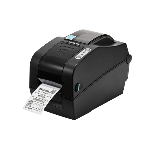 BIXOLON SLP-TX223 2-inch thermal transfer desktop label printer, dark grey (SLP-TX223BG) – angled view