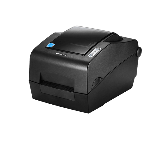 BIXOLON SLP-TX403 4-inch thermal transfer desktop label printer, dark grey (SLP-TX403EG/BEG) – angled view