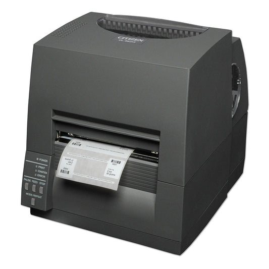 Citizen CL-S631II 4-inch thermal transfer desktop label printer, 300 dpi, USB and RS-232, black (CLS631IINEBXX) – front view