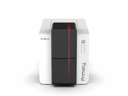 Evolis Primacy 2 plastic card printer, dual-sided, LED panel, USB + Ethernet, contactless (SpringCard HSP), 300 dpi, dye sublimation / thermal transfer (PM2-0031) – front view