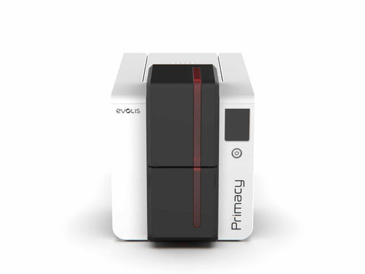 Evolis Primacy 2 plastic card printer, single-sided, colour LCD touchscreen, USB + Ethernet, 300 dpi, dye sublimation / thermal transfer (PM2-0002-E) – front view with LCD touchscreen