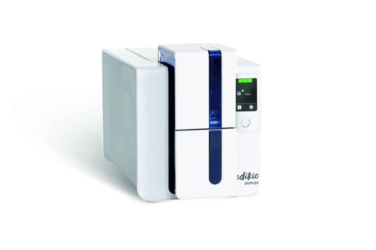 Evolis Edikio Duplex Price Tag plastic price tag printer, dual-sided colour + monochrome, LCD touchscreen, USB + Ethernet, black cards + white ribbon, 300 dpi, dye sublimation / thermal transfer (ED1H0000CD-BS003) – angled view with LCD touchscreen