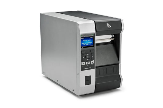 Zebra ZT610 industrial label printer, colour display with keypad, tear-off, 300 dpi, thermal transfer (ZT61043-T0EC100Z) – angled front view