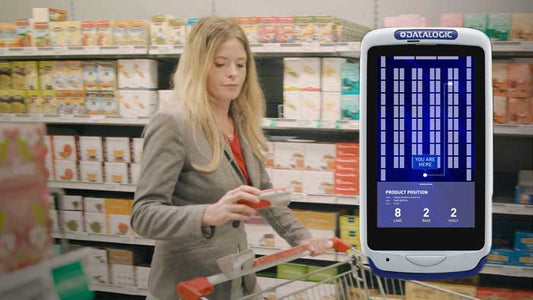 Datalogic Joya Touch 22 self-shopping Android handheld terminal, grey/blue, pistol grip (911400026) – in use for self-scanning in store