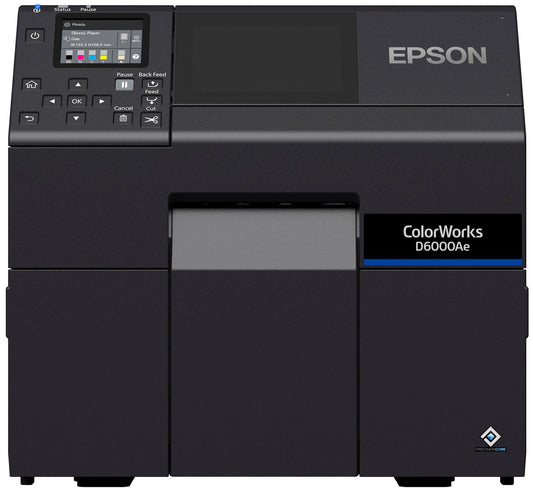 Epson ColorWorks D6000Ae colour label printer, 4-inch, auto cutter, 1200 x 1200 dpi, inkjet (C31CL90102) – front view