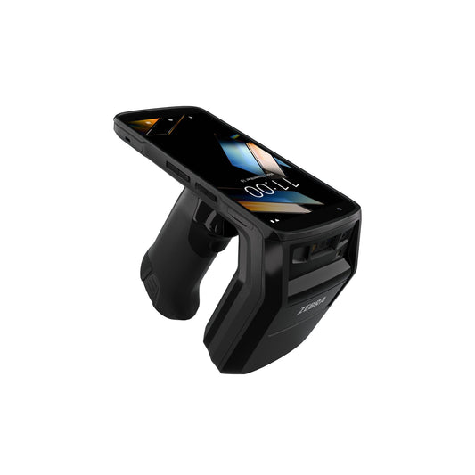 Zebra TC22R rugged Android mobile computer, integrated UHF RFID reader (TC2205-0G1250SS-E8) – top angled view with RFID handle