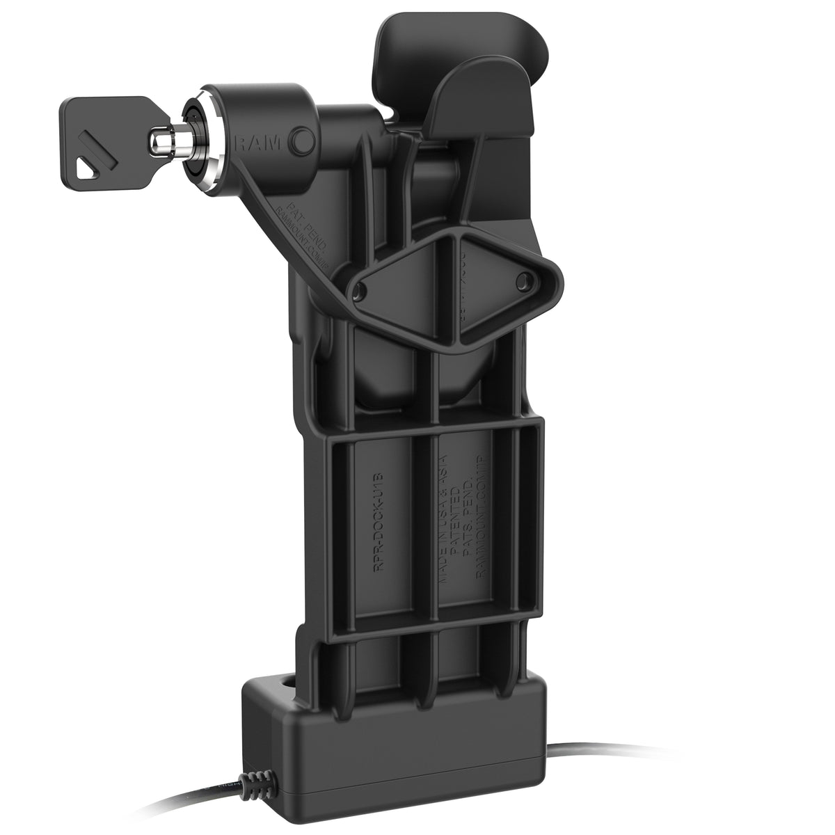 RAM Mounts GDS Uni-Conn right-locking tablet dock + dual USB-A with release lever – another angle