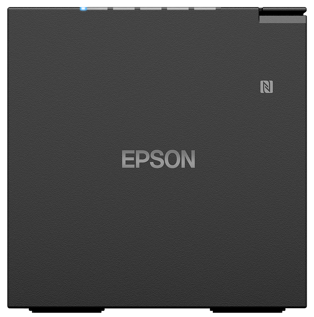 Epson TM-m50II compact POS receipt printer, black, serial + USB + Ethernet, UK plug (C31CK52102A0) – top front view