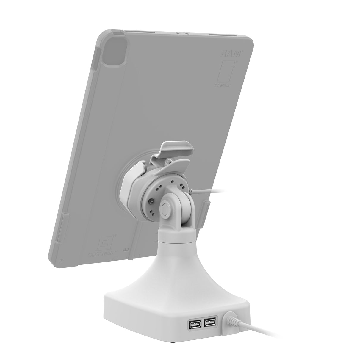 RAM Mounts GDS tilt and swivel dock with USB-C and two USB-A ports for IntelliSkin Thin-Case tablets with rear pogo pads in grey – detail photo