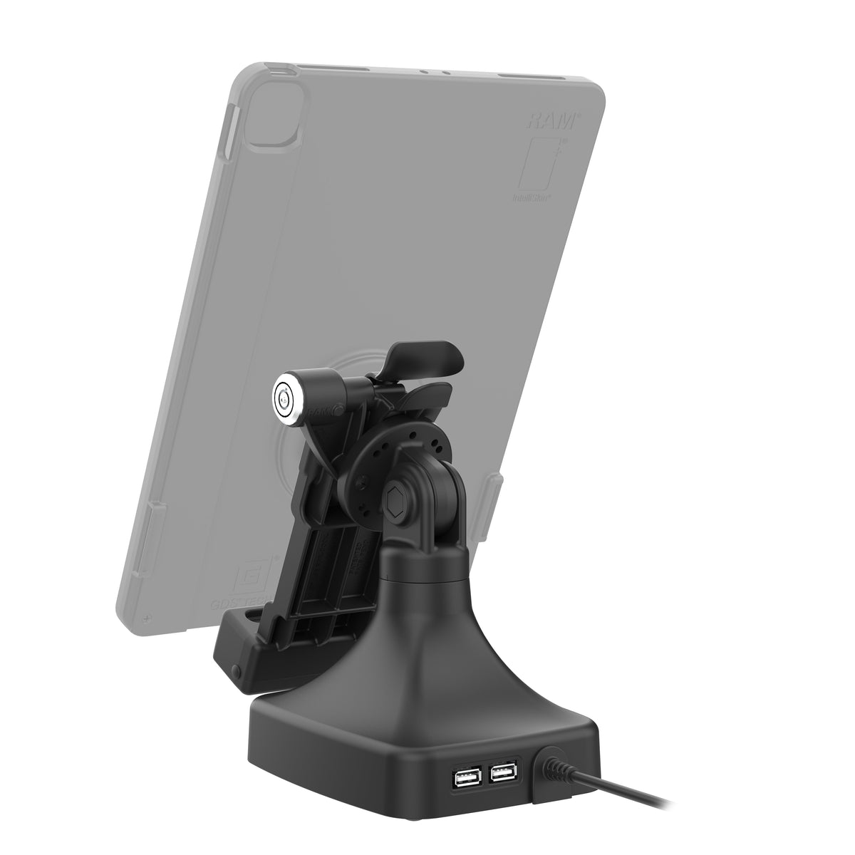 RAM Mounts GDS key-locking tilt and swivel dock with PoE and two USB-A ports for IntelliSkin tablets with Uni-Conn adapter – detail photo