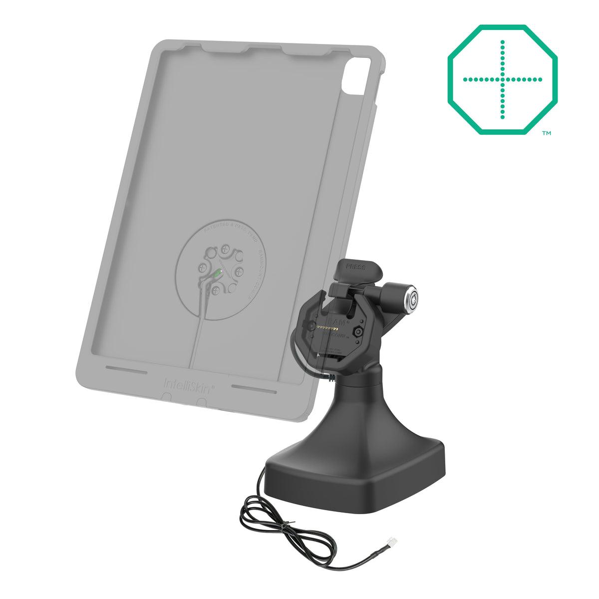 RAM Mounts GDS key-locking tilt and swivel dock with PoE for IntelliSkin Thin-Case tablets with rear pogo pads – alternative view