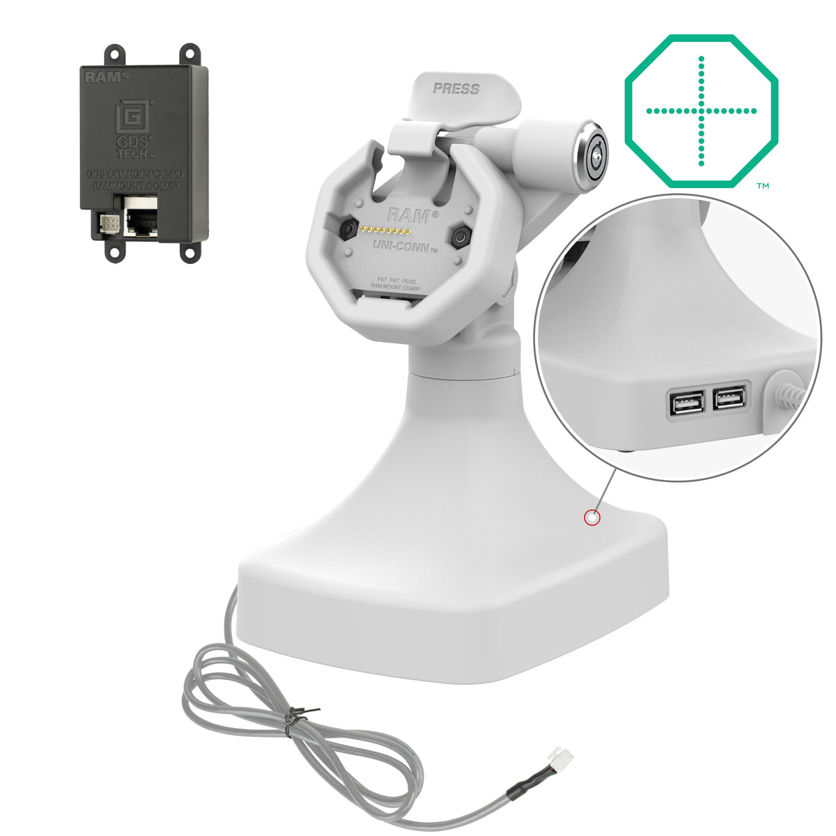 RAM Mounts GDS key-locking tilt and swivel dock with PoE and two USB-A ports for IntelliSkin Thin-Case tablets with rear pogo pads in grey – main product photo