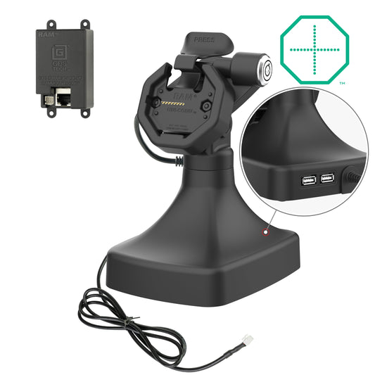 RAM Mounts GDS key-locking tilt and swivel dock with PoE and two USB-A ports for IntelliSkin Thin-Case tablets with rear pogo pads – main product photo