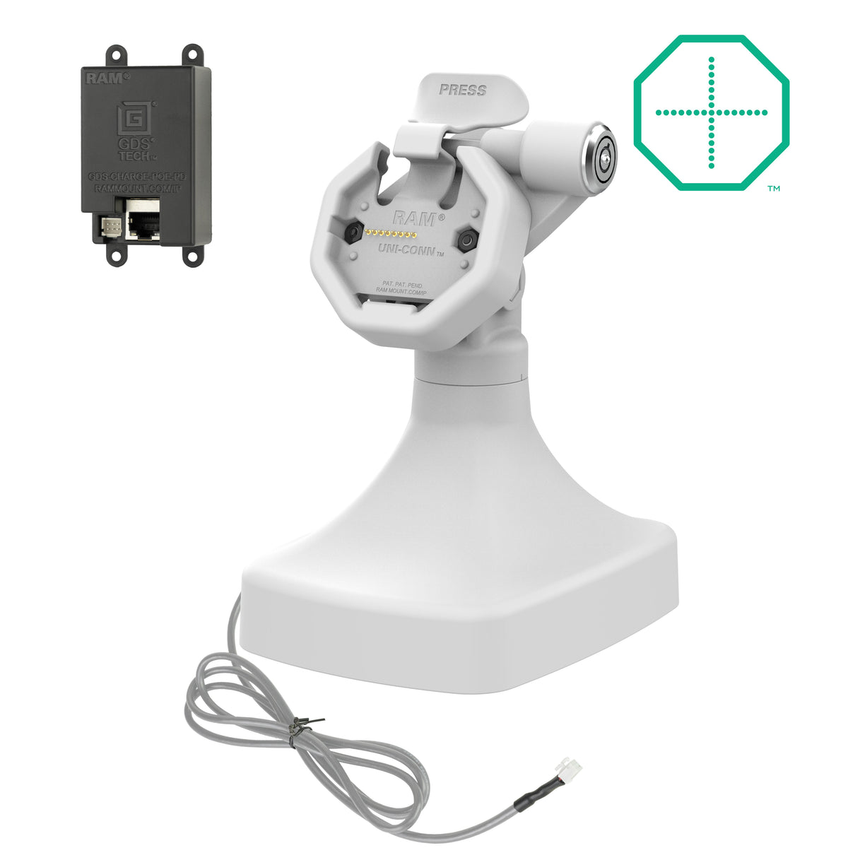 RAM Mounts GDS Uni-Conn powered key-locking tilt and swivel kiosk dock with PoE for Thin-Case tablets in grey – main product photo