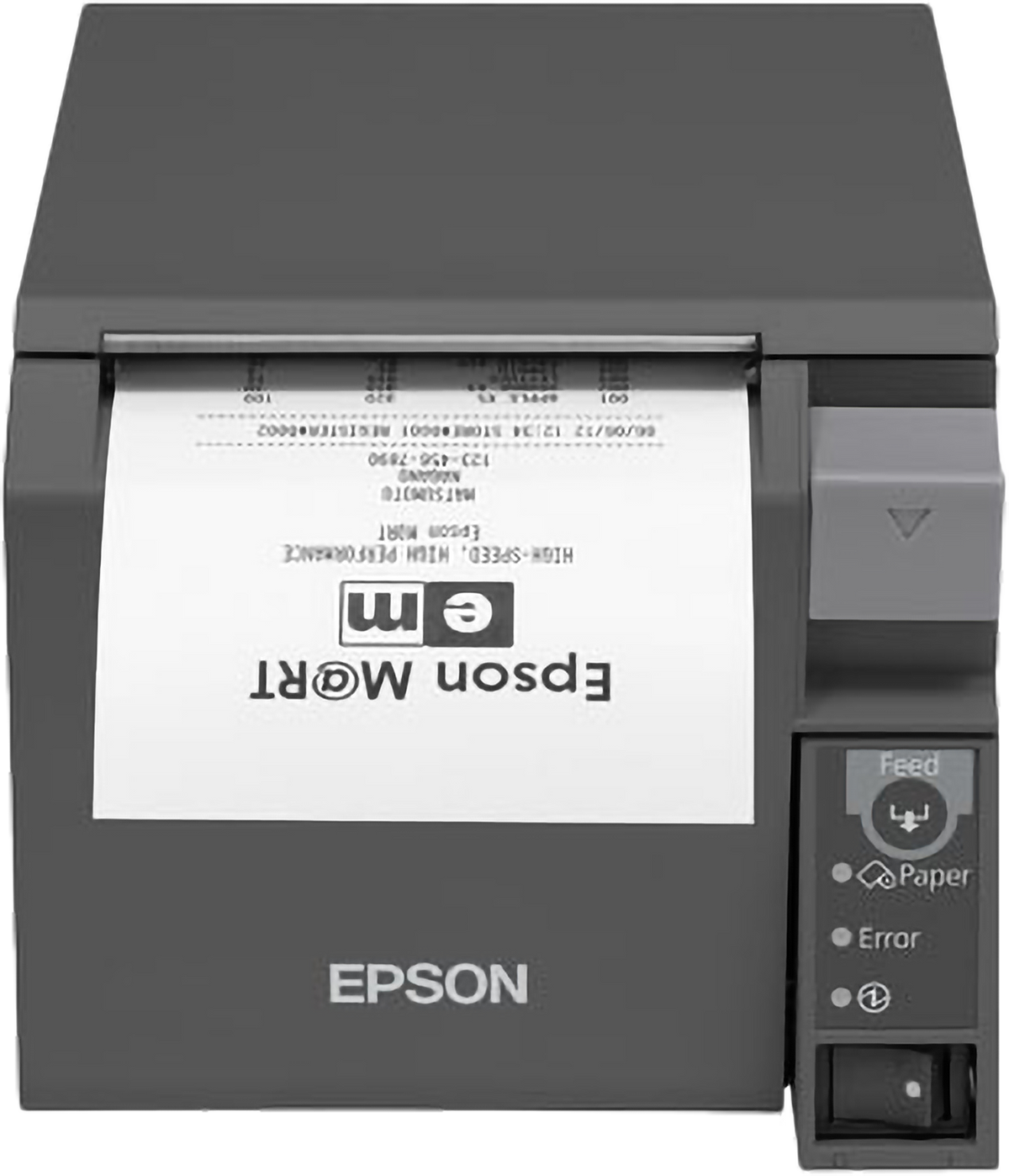 Epson TM-T70II front-loading POS receipt printer, black, Ethernet + USB (C31CD38025C0) – front view with printed receipt