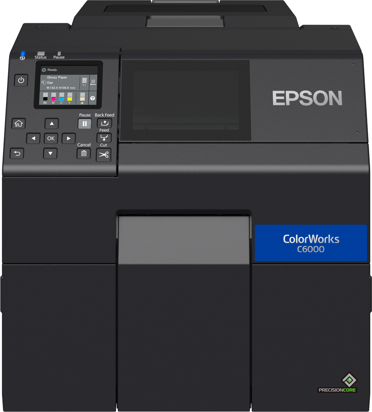 Epson ColorWorks C6000Ae colour label printer, 4-inch, auto cutter, matte black ink, 1200 x 1200 dpi, inkjet (C31CH76102MK) – front view