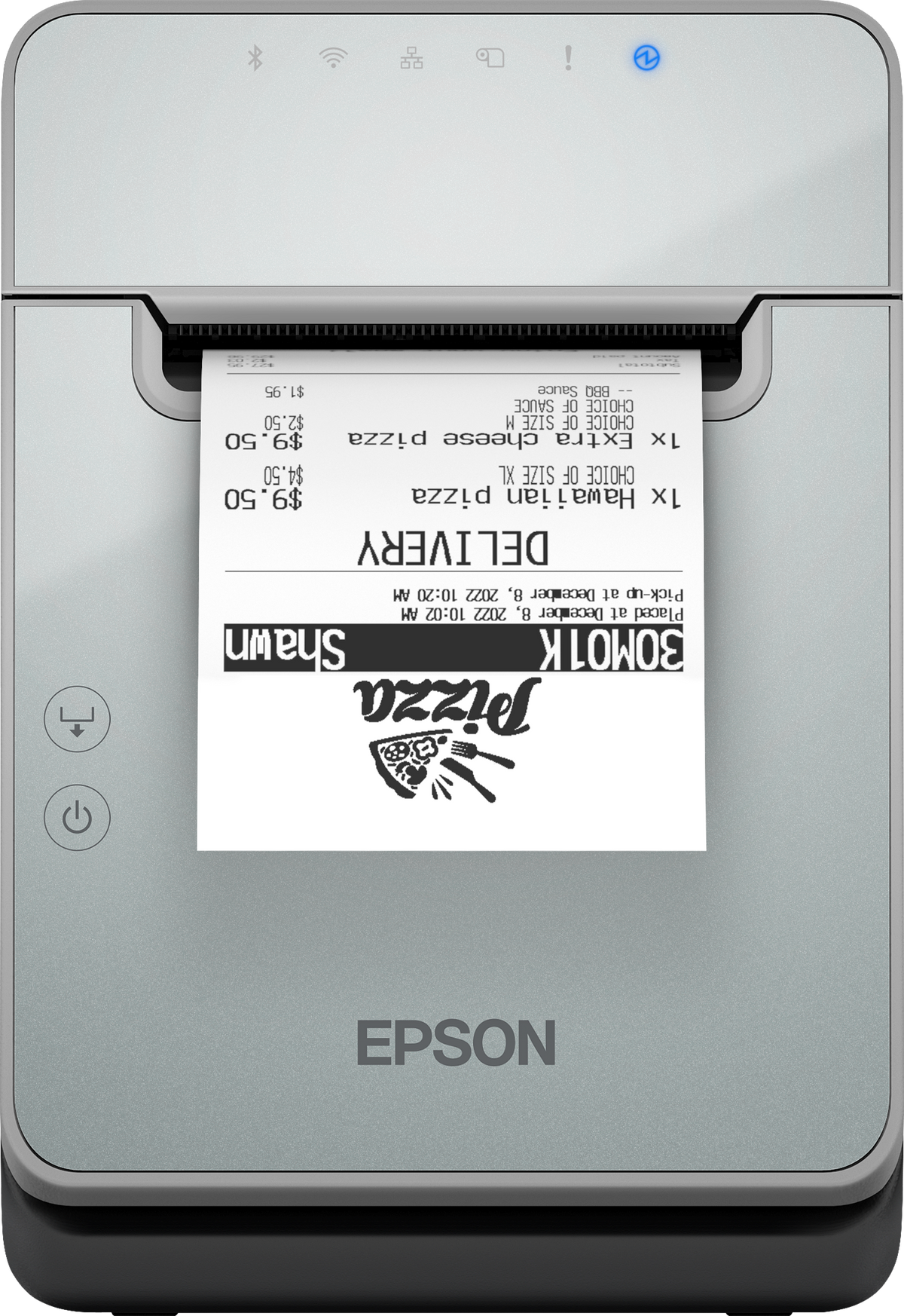 Epson TM-L100 liner-free label and receipt printer, black, USB + Ethernet + Bluetooth (C31CJ52121) – front view with printed label