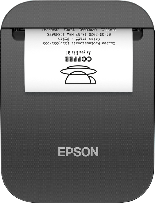 Epson TM-P20II 2-inch mobile receipt printer, Wi-Fi, USB-C, black (C31CJ99112) – front view with receipt