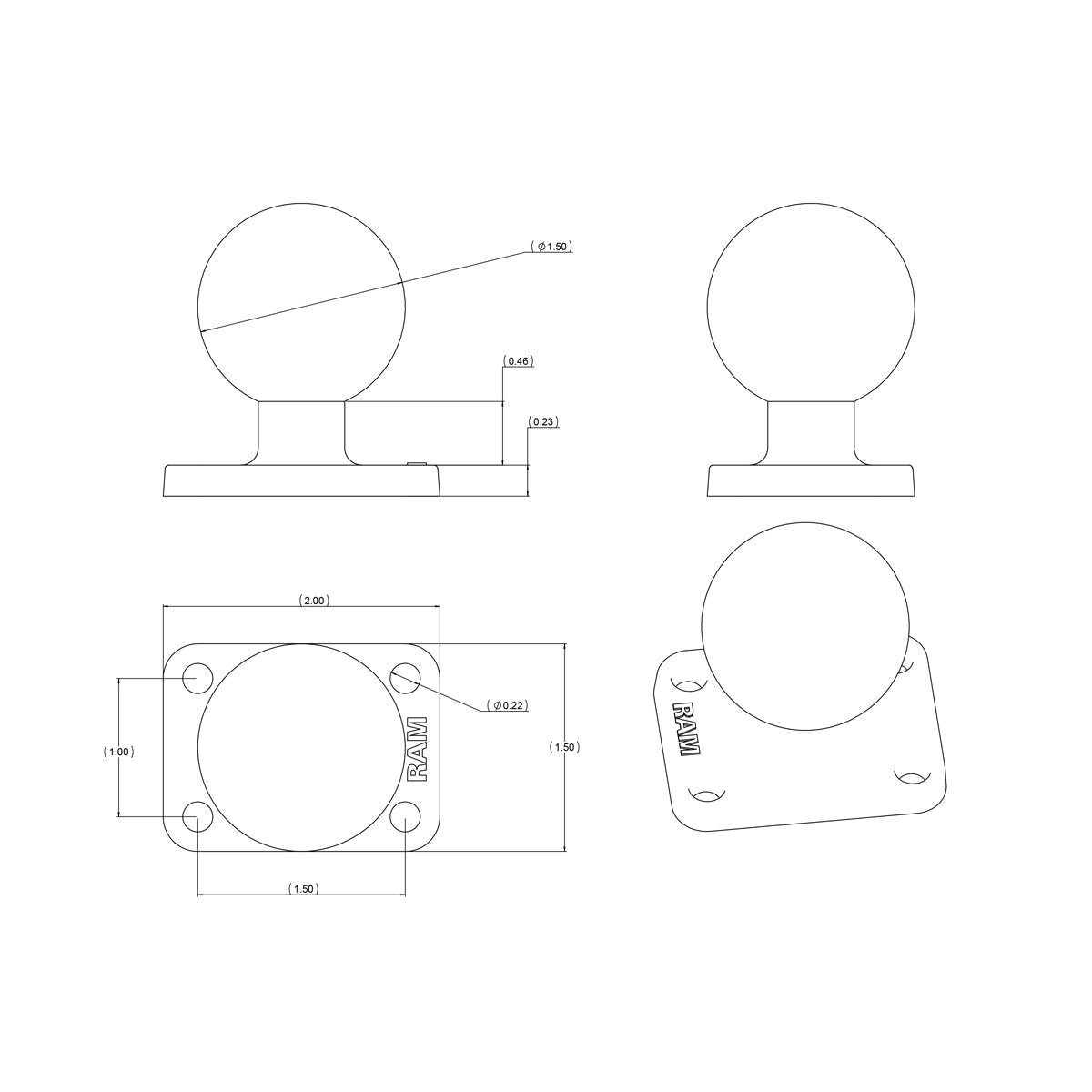 RAM Mounts C-size ball base with 38.1 × 50.8 mm rectangular plate RAM-202U-152 – alternative view
