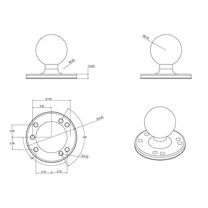 RAM Mounts C-size round ball plate with AMPS hole pattern RAM-202U – further view