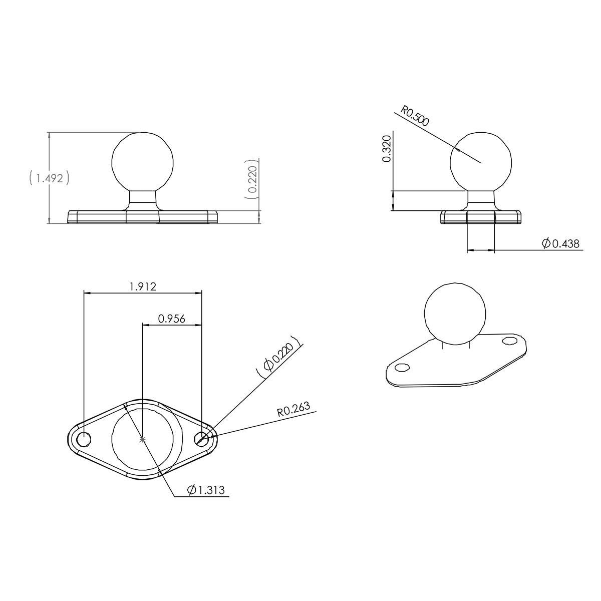 RAM Mounts B-size diamond ball base with 2-hole AMPS pattern (RAM-B-238U) – additional view