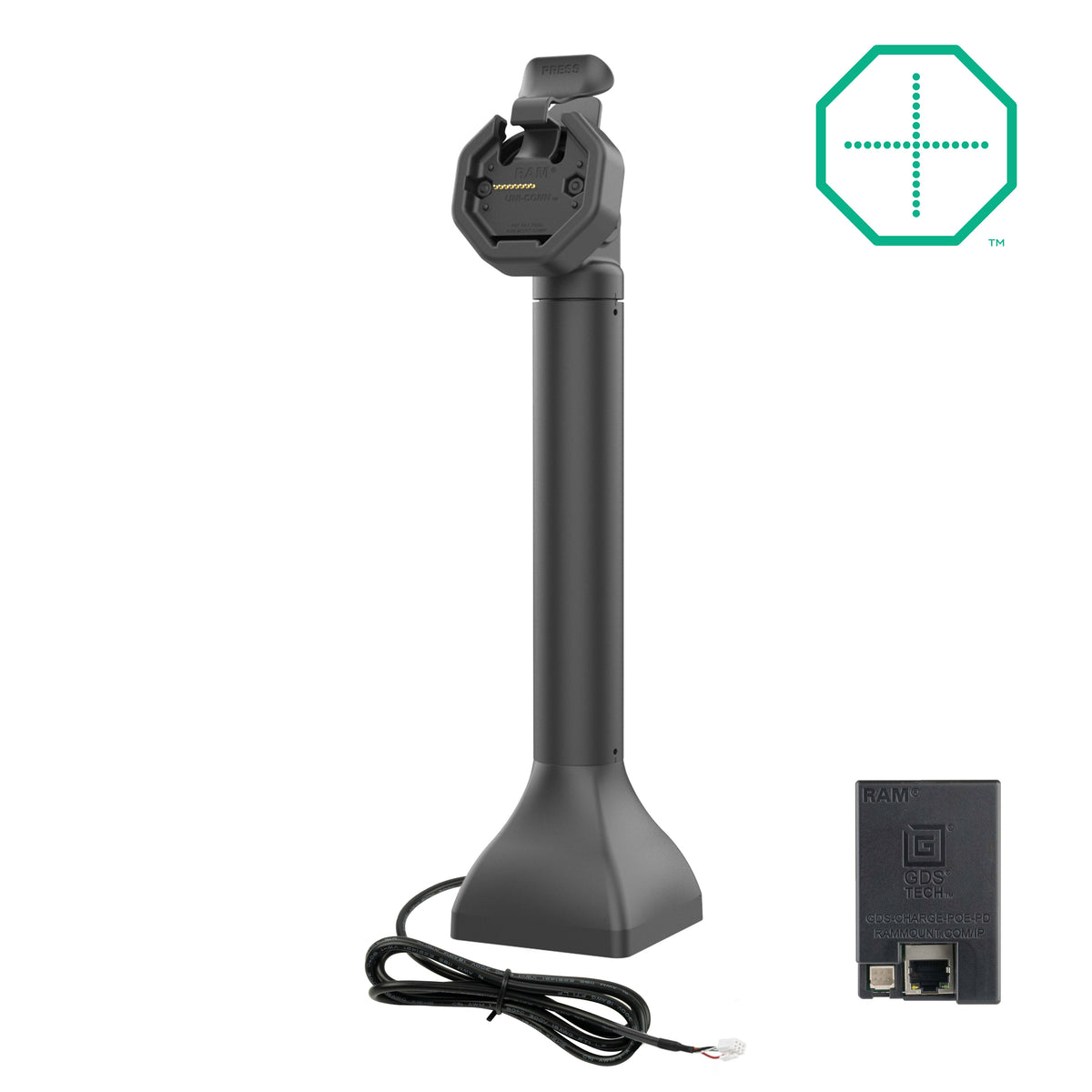 RAM Mounts GDS 14-inch pedestal dock with PoE for IntelliSkin Thin-Case tablets with rear pogo pads – main product photo