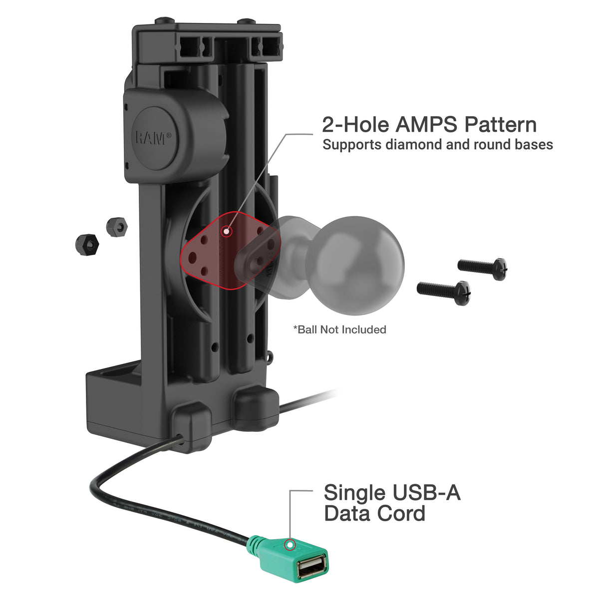RAM Mounts GDS Uni-Conn spring-loaded tablet dock + usb-a, heated pins – another angle