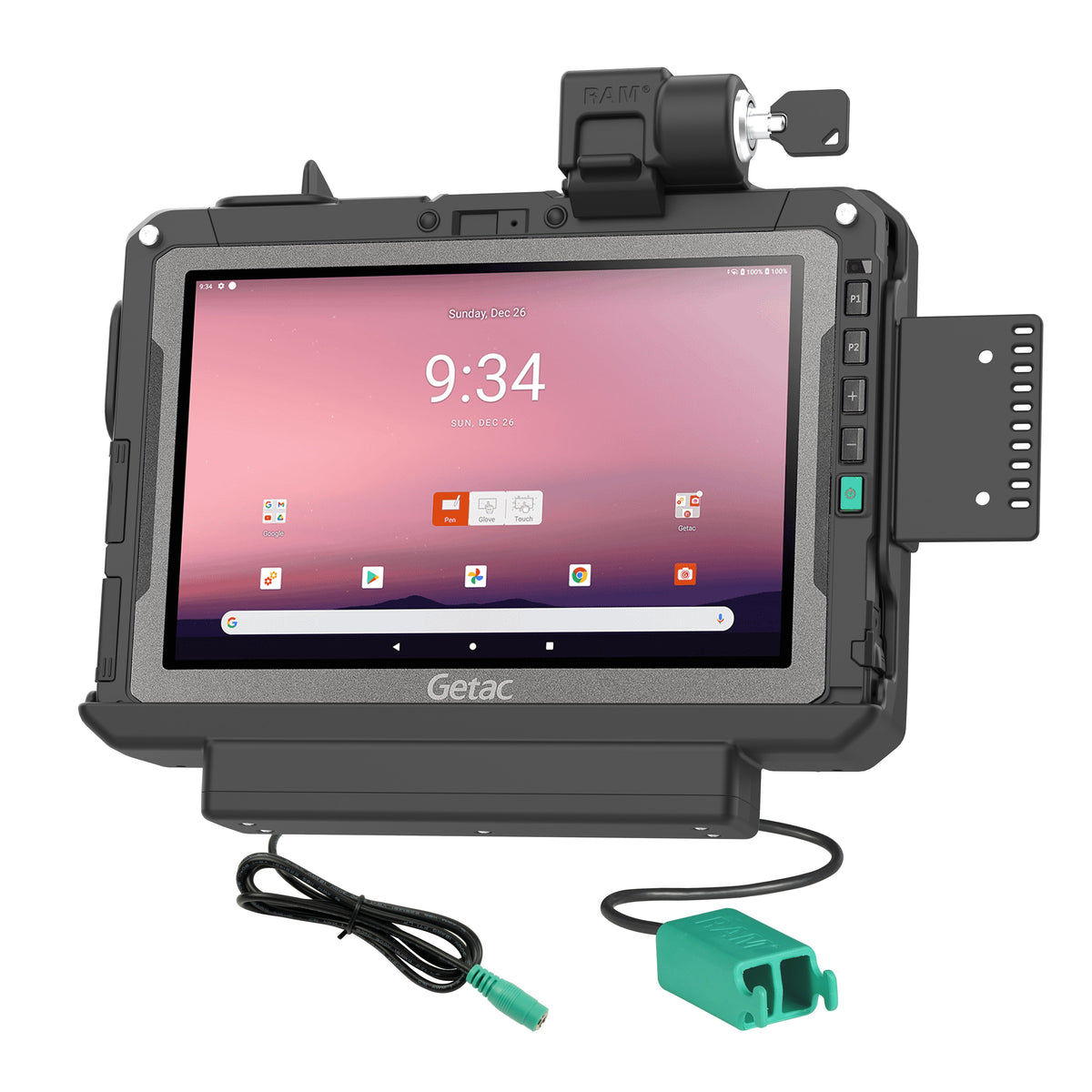 RAM Mounts key-locking power + dual USB data dock for Getac ZX10 rugged tablet – product photo