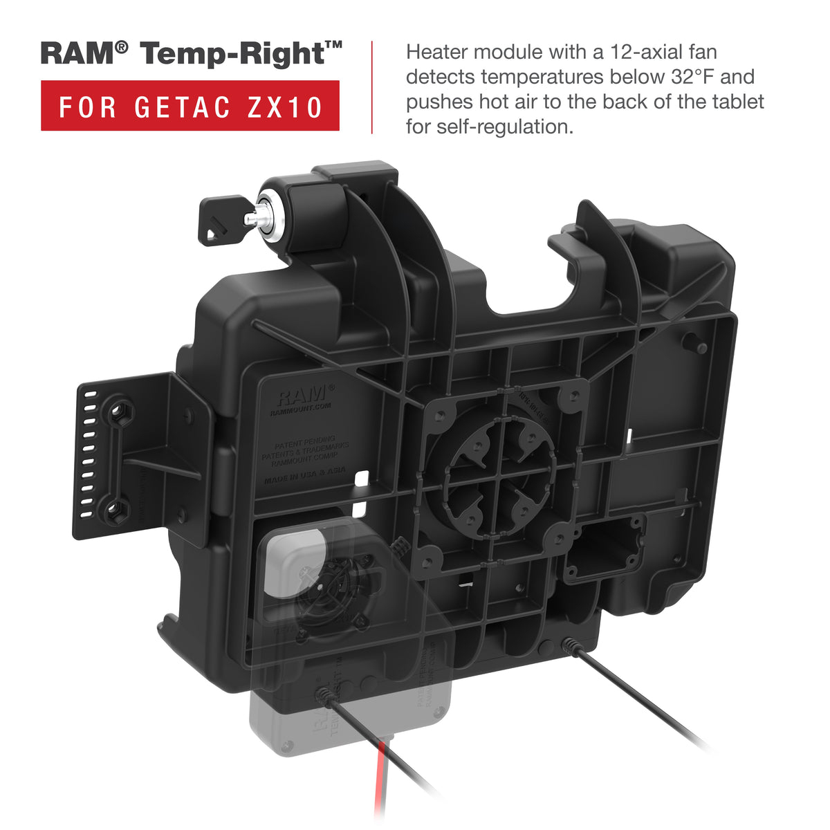 RAM Mounts key-locking power + dual USB data dock for Getac ZX10 rugged tablet – another angle