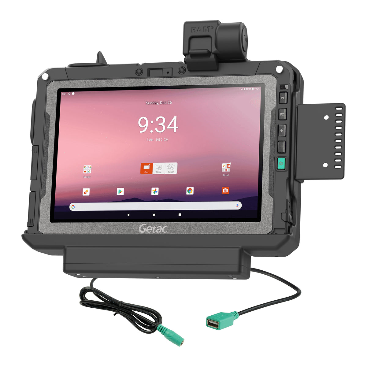 RAM Mounts power + data dock with USB-A for Getac ZX10 rugged tablet – product photo