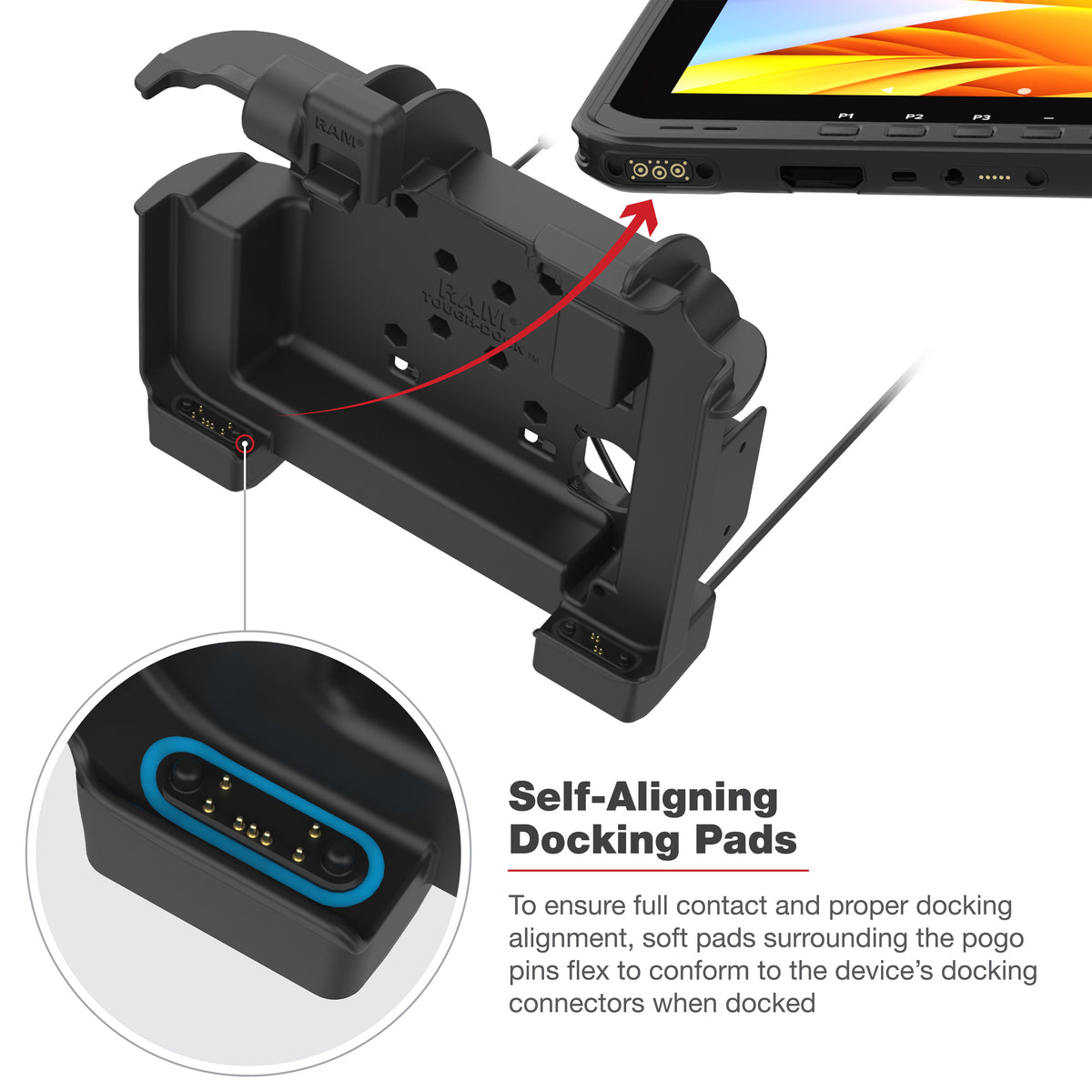 RAM Mounts Key-Locking Power + Dual USB-A Dock with Heated Pins for Zebra ET60 and ET65 – another angle