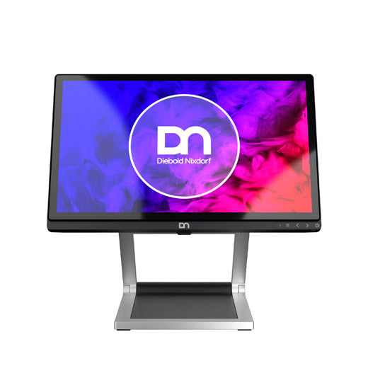 Diebold Nixdorf D1156 15.6-inch touch display, black, shown on optional stand