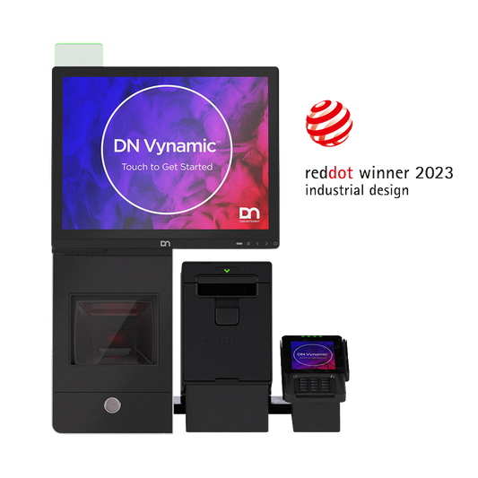 Diebold Nixdorf EASY ONE desk-mounted self-checkout terminal with touchscreen, scanner and receipt printer