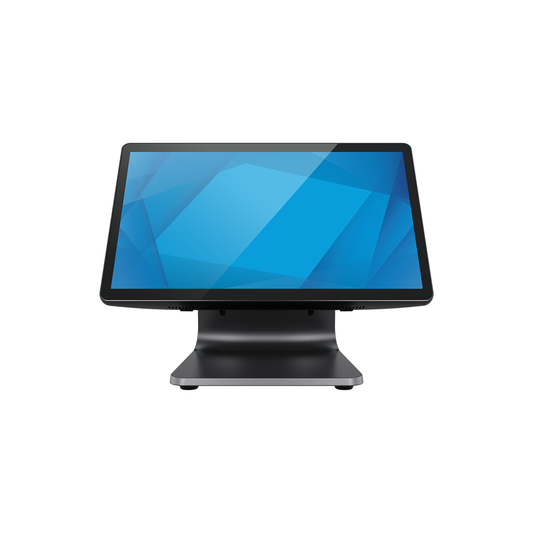 Elo E-Series 3 15.6-inch POS touch computer with stand, front view, black
